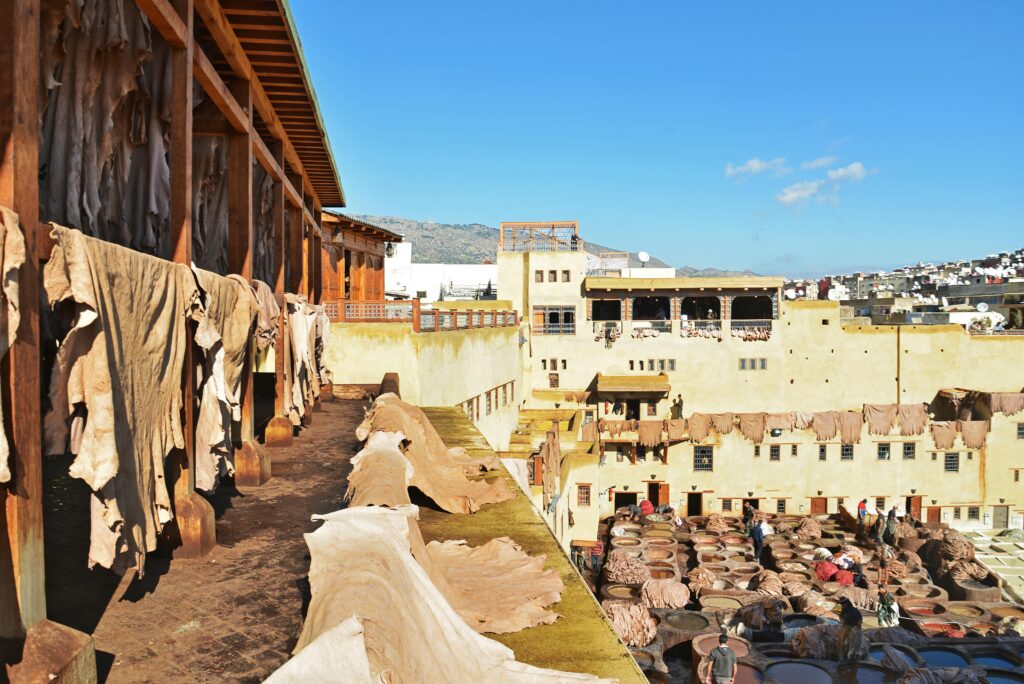 View of traditional leather tannery in Fès, showcasing dyeing pits and drying hides.